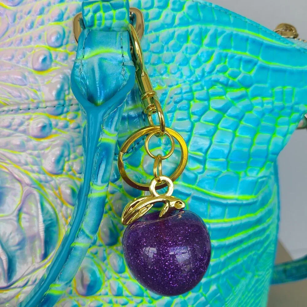 Purple Apple Purse Charm and Key Ring Sparkly Gold or Silver Toned Hardware